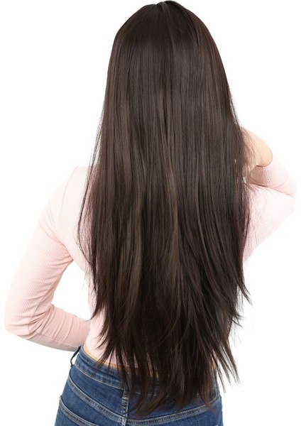 Fiber Sentetik Uzun Düz Kahküllü Peruk / Kahverengi indirimleri