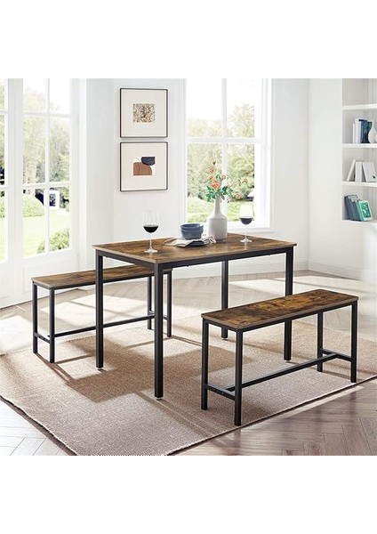 Yemek Masası, 2 Banklı, 3'lü Set, Mutfak Masası 70 x 110 x 75 Cm, Her Biri 2 Bank 30 x 97 x 50 Cm, Çelik Çerçeve, Endüstriyel Tasarım, Vintage Kahverengi-Siyah KDT070B01 indirimleri