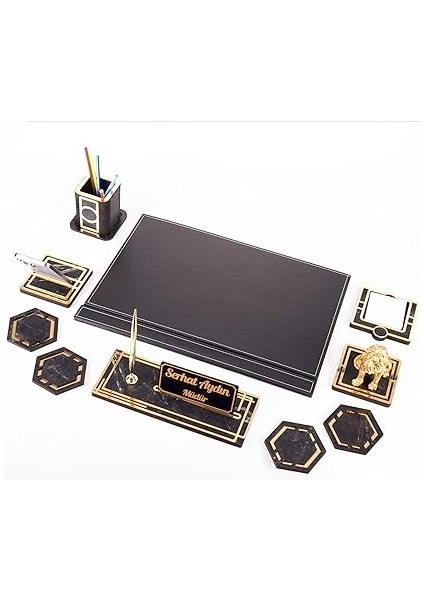 Aslan Biblolu Altın Deri Sümen Takımı Mermer Desen Ahşap Isme Özel Masa Isimliği Masaüstü Isimlik fiyatları