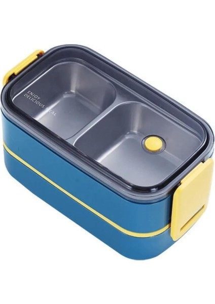 Bento 1400ML Lunchbox Iki Katlı 2 Bölmeli Çelik Sefer Tası Yemek Kutusu (Lacivert-Sarı)