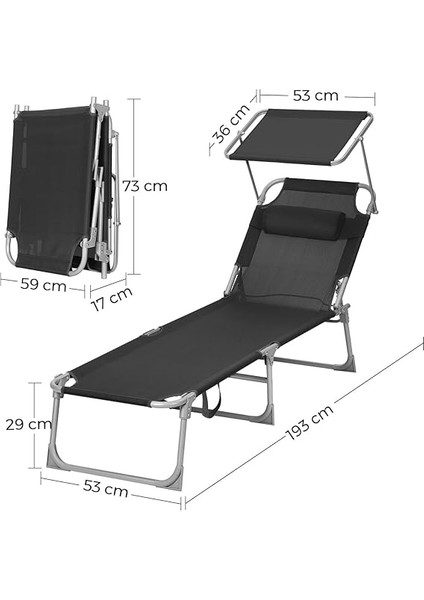 GCB192B01 Şezlong, Baş Destekli Rahatlama Şezlongu, Sırtlık ve Güneş Şemsiyesi, Eğilebilir, Hafif, Katlanabilir, 53 x 193 x 29,5 Cm, Taşıma Kapasitesi 150 Kg, Bahçe, Siyah modelleri