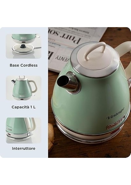 Vintage Elektrikli Su Isıtıcı 1 Litre Yeşil 2868/04 - Paslanmaz Çelik, Retro Kettle, 1630 Watt, Otomatik Kapanma, Kablosuz 360° Duylu modelleri