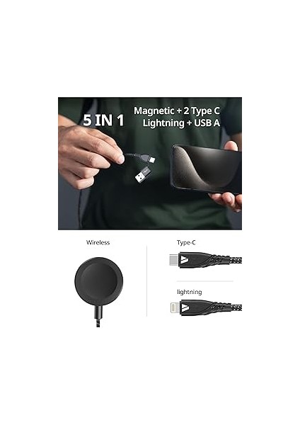 100W Destekli 5'i 1 Arada Naylon Örgülü Kablo, Çoklu Şarj Kablosu USB A/c Tipi C/yıldırım/manyetik Saat, Iphone, Ipad, Macbook, Galaxy ile Uyumlu fırsatları