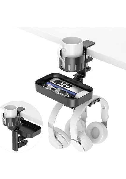 2 Kulaklık Kancalı Masa Altı Düzenleyici - Bardak Tutuculu Gizli Saklama Çekmecesi Tepsisi - Delme Yok Sağlam Döner C-Kelepçe Ofis Okul Ev Oyun Odası Aksesuarları Için Masaüstü Montajı