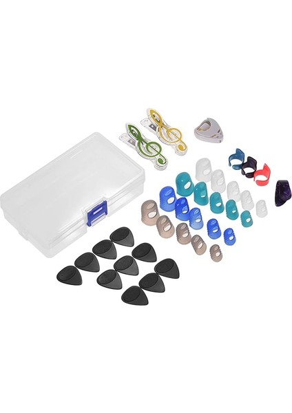 Gitar Aksesuarları Seti - 20 Adet Silikon Parmak Koruyucu, 10 Adet Pena, 4 Adet Başparmak ve Parmak Penası, Pena Tutucu, Akustik Başlangıç Seviyesi Için Plastik Saklama