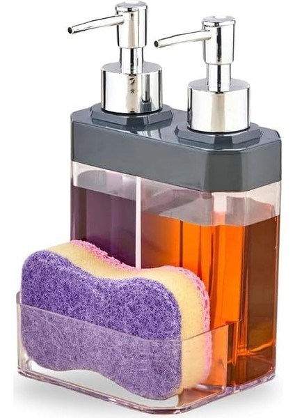 Home 2 Bölmeli Sıvı Sabunluk & Süngerlik – Bulaşık Deterjanı ve El Sabunu Için Çift Hazneli, Entegre Süngerlik Bölmeli, Tezgah Üstü Pratik Sabunluk Tezgah Düzenleyici (Gri)