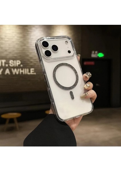 iPhone 17 Pro Kılıf Simli Magsafe Manyetik Halkası Shiny Şeffaf Clear Sararmaz Sert Pc Tam Kalıp
