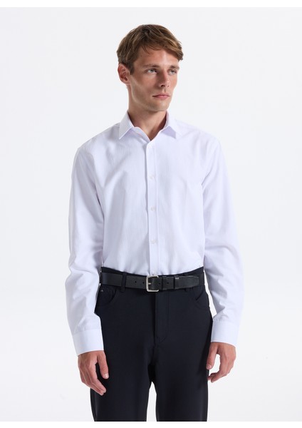 Slim Fit Gömlek Yaka Armürlü Beyaz Erkek Gömlek Maydos-Y 305 fırsatları