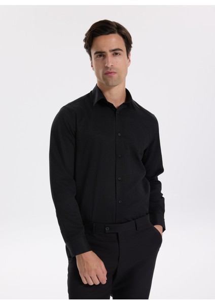 Regular Fit Gömlek Yaka Armürlü Siyah Erkek Gömlek Maydos-Y 400