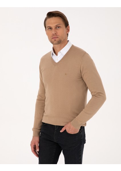 Erkek Camel Slim Fit V Yaka Basic Triko Kazak 50314190-VR015