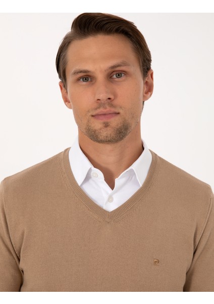 Erkek Camel Slim Fit V Yaka Basic Triko Kazak 50314190-VR015 fiyatları