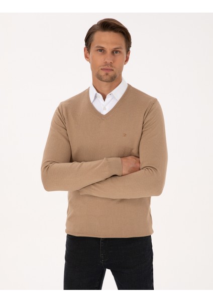 Erkek Camel Slim Fit V Yaka Basic Triko Kazak 50314190-VR015 modelleri