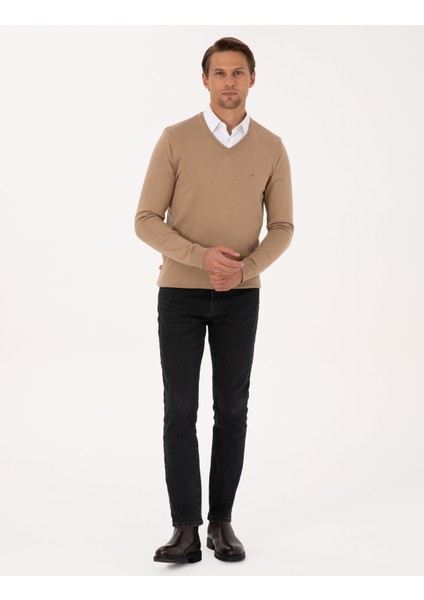 Erkek Camel Slim Fit V Yaka Basic Triko Kazak 50314190-VR015 fırsatları