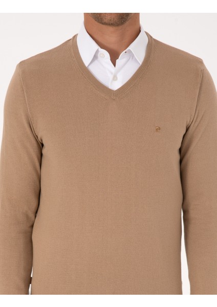 Erkek Camel Slim Fit V Yaka Basic Triko Kazak 50314190-VR015