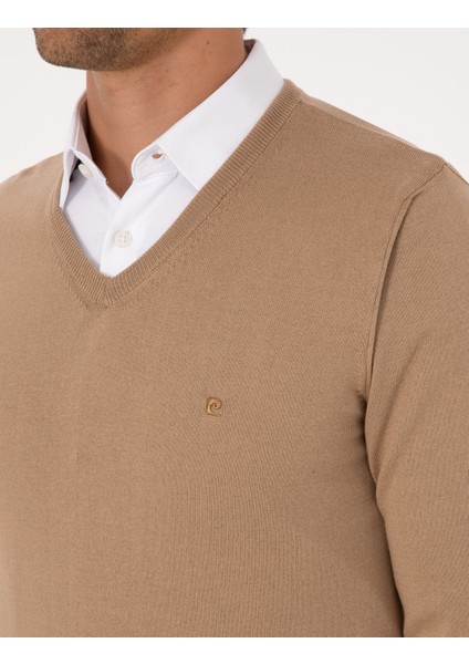 Erkek Camel Slim Fit V Yaka Basic Triko Kazak 50314190-VR015