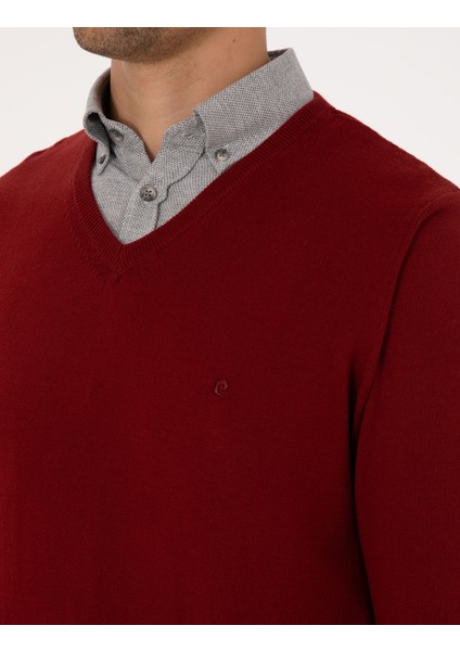 Erkek Kiremit Slim Fit V Yaka Basic Triko Kazak 50314190-VR031