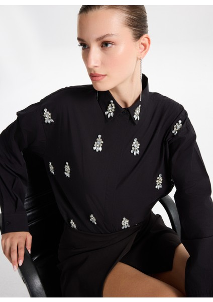 Oversize Gömlek Yaka Taşlı Siyah Kadın Gömlek F5WL-GML0101