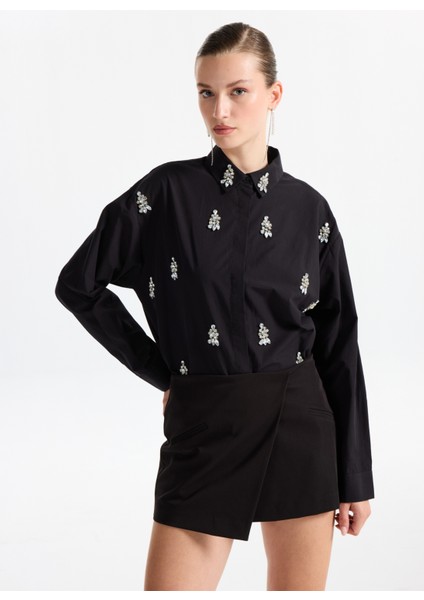 Oversize Gömlek Yaka Taşlı Siyah Kadın Gömlek F5WL-GML0101 fiyatları
