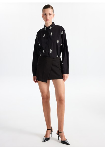 Oversize Gömlek Yaka Taşlı Siyah Kadın Gömlek F5WL-GML0101 fırsatları