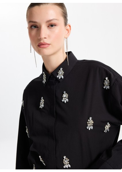 Oversize Gömlek Yaka Taşlı Siyah Kadın Gömlek F5WL-GML0101 indirimleri