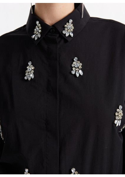 Oversize Gömlek Yaka Taşlı Siyah Kadın Gömlek F5WL-GML0101