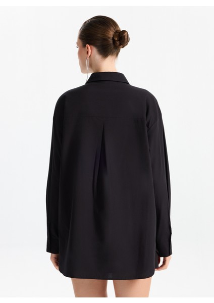 Oversize Gömlek Yaka Taşlı Siyah Kadın Gömlek F5WL-GML0101