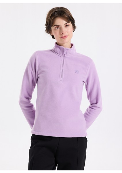 D5WL-SWT3302 Lila Fermuarlı Yaka Basic Düz Kadın Polar Sweatshırt