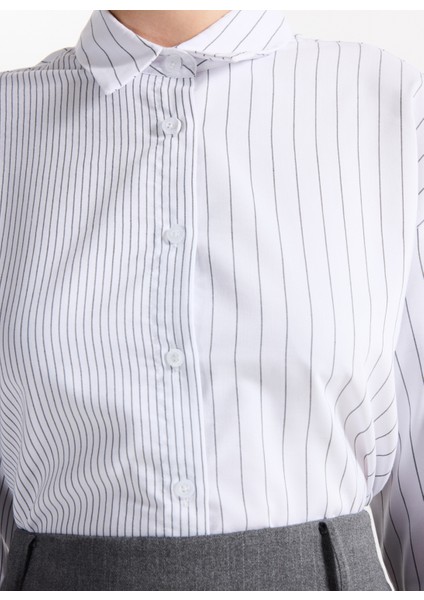 Loose Fit Gömlek Yaka Çizgili Beyaz - Siyah Kadın Gömlek F5WL-GML0388 indirimleri