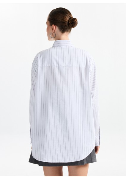 Loose Fit Gömlek Yaka Çizgili Beyaz - Siyah Kadın Gömlek F5WL-GML0388