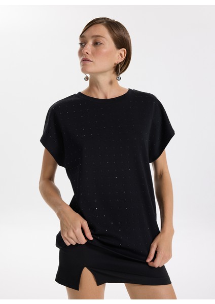 Bisiklet Yaka Taşlı Siyah Kadın T-Shirt F5WL-TST0247