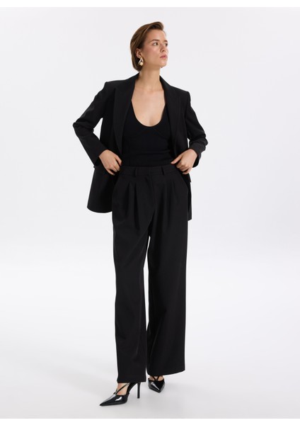 Normal Bel Geniş Fit Siyah Kadın Pantolon F5WL-PNT0067
