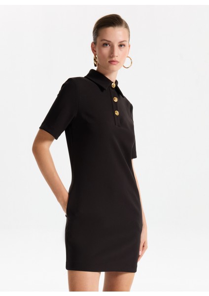Gömlek Yaka Düz Siyah Mini Kadın Elbise F5WL-ELB0203