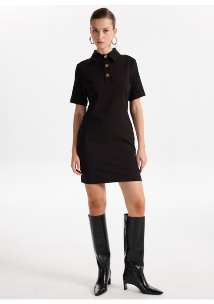 Gömlek Yaka Düz Siyah Mini Kadın Elbise F5WL-ELB0203 modelleri