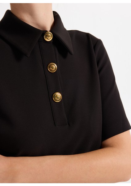 Gömlek Yaka Düz Siyah Mini Kadın Elbise F5WL-ELB0203 fırsatları