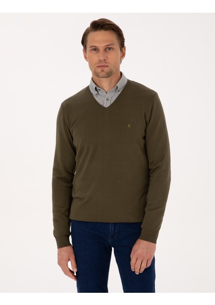 Erkek Koyu Haki Slim Fit V Yaka Basic Triko Kazak 50314190-VR111