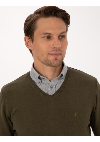 Erkek Koyu Haki Slim Fit V Yaka Basic Triko Kazak 50314190-VR111 fiyatları