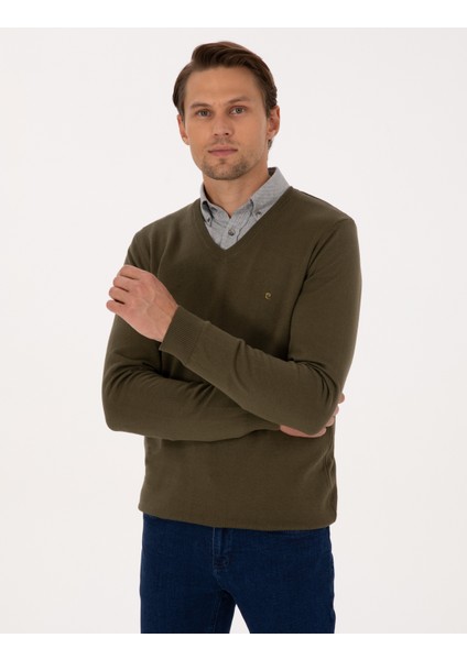 Erkek Koyu Haki Slim Fit V Yaka Basic Triko Kazak 50314190-VR111 modelleri