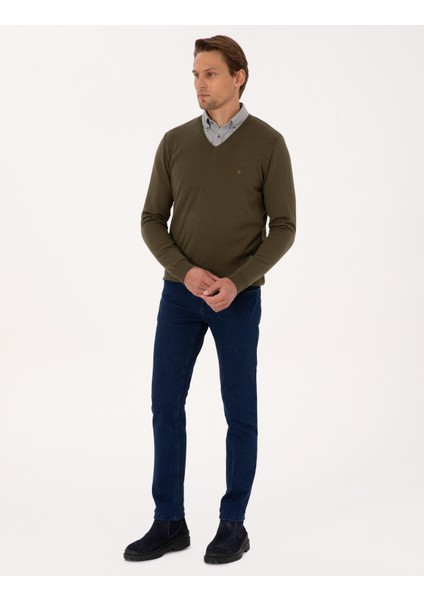 Erkek Koyu Haki Slim Fit V Yaka Basic Triko Kazak 50314190-VR111 fırsatları