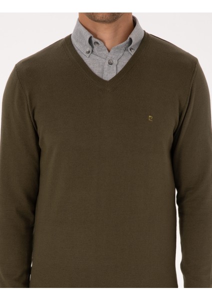 Erkek Koyu Haki Slim Fit V Yaka Basic Triko Kazak 50314190-VR111