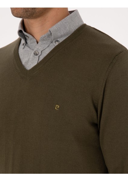 Erkek Koyu Haki Slim Fit V Yaka Basic Triko Kazak 50314190-VR111