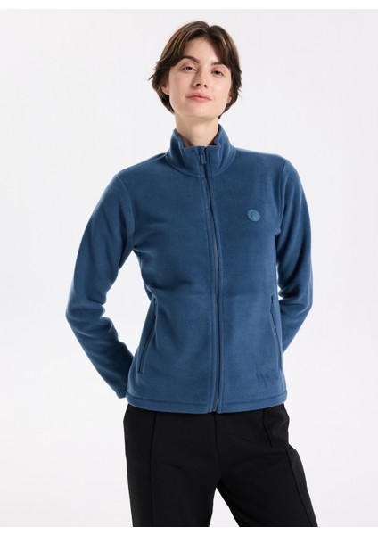 D5WL-SWT3303 Indigo Dik Yaka Basic Düz Kadın Polar Sweatshırt