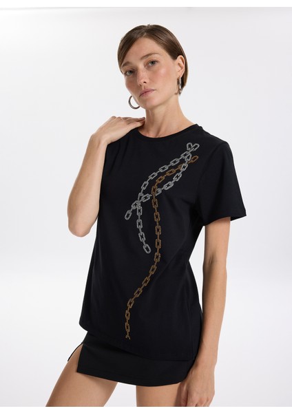 Bisiklet Yaka Taşlı Siyah Kadın T-Shirt F5WL-TST0237