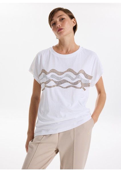Bisiklet Yaka Taşlı Beyaz Kadın T-Shirt F5WL-TST0249