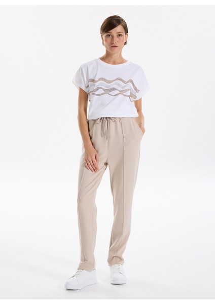 Bisiklet Yaka Taşlı Beyaz Kadın T-Shirt F5WL-TST0249 fırsatları