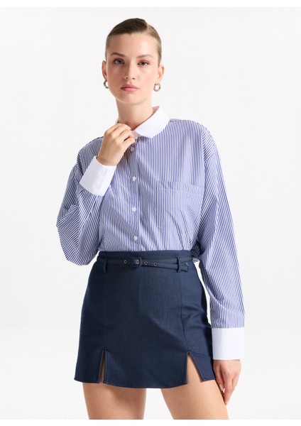 Loose Fit Gömlek Yaka Çizgili Lacivert - Beyaz Kadın Gömlek F5WL-GML0389