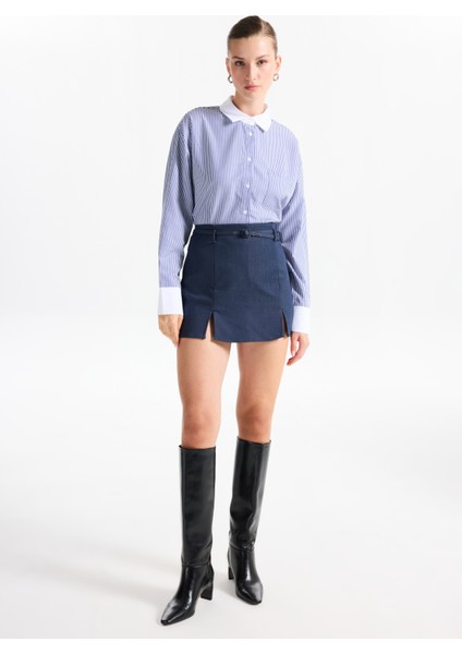 Loose Fit Gömlek Yaka Çizgili Lacivert - Beyaz Kadın Gömlek F5WL-GML0389 fiyatları