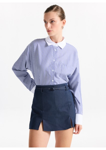 Loose Fit Gömlek Yaka Çizgili Lacivert - Beyaz Kadın Gömlek F5WL-GML0389 modelleri