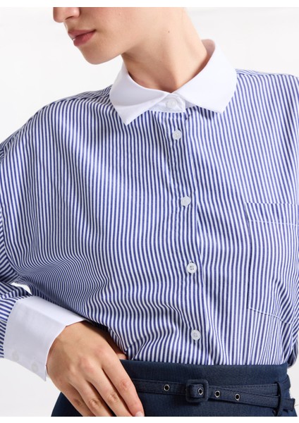 Loose Fit Gömlek Yaka Çizgili Lacivert - Beyaz Kadın Gömlek F5WL-GML0389 fırsatları