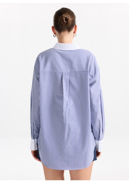 Loose Fit Gömlek Yaka Çizgili Lacivert - Beyaz Kadın Gömlek F5WL-GML0389 indirimleri