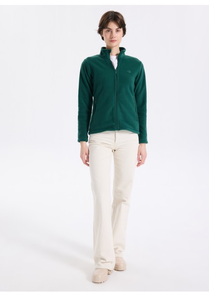 D5WL-SWT3303 Koyu Yeşil Dik Yaka Basic Düz Kadın Polar Sweatshırt fiyatları